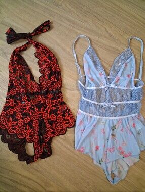 Bundle (2)Women’s Lace Halter Teddy Intimates Blue Floral & Black/Red Lace LARGE